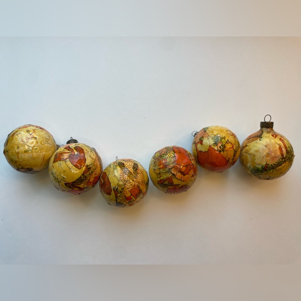 Vintage paper mache Christmas ornaments. Lot of six.